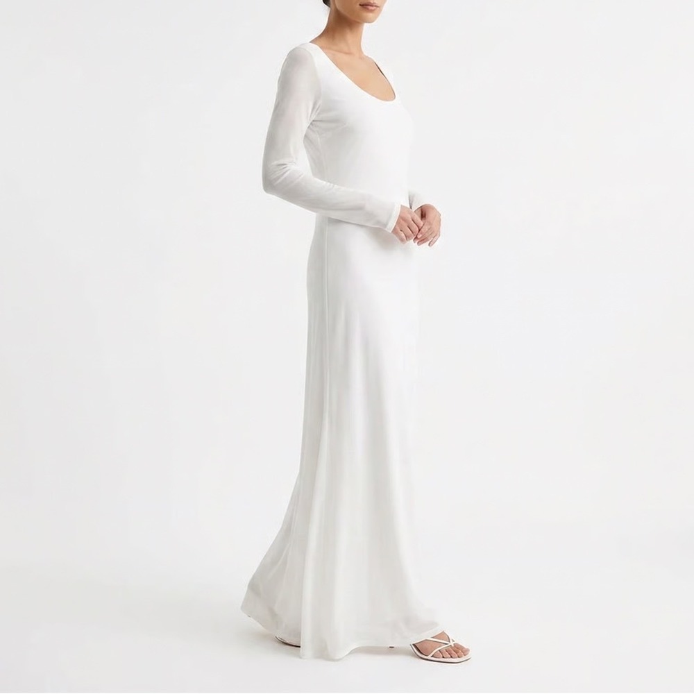 Popilush White Built-In Shapewear Mesh Maxi Dress Long Sleeve V-Neck 3XL NEW